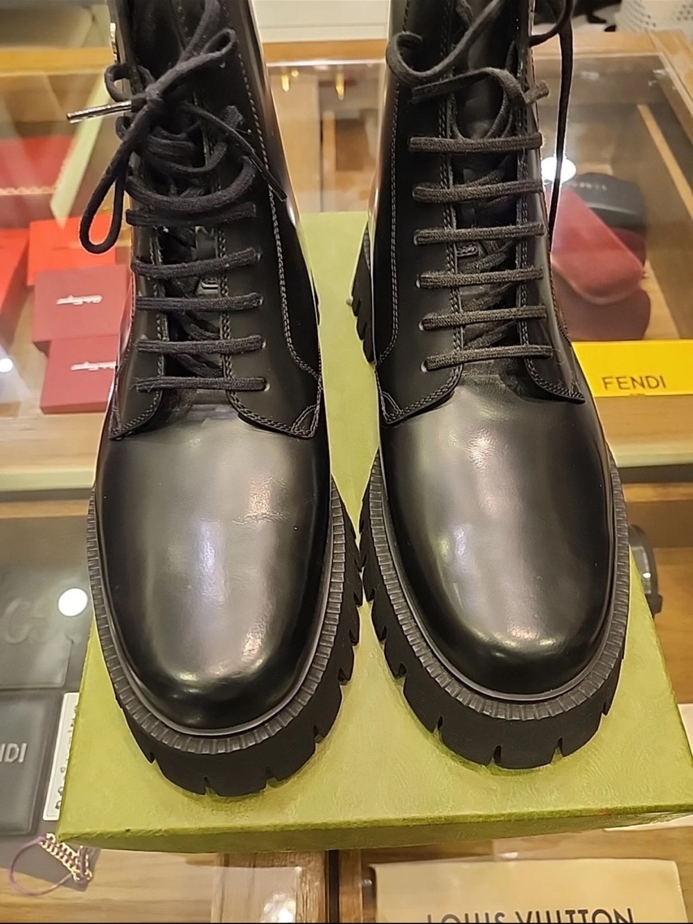 Gucci Mens Black Leather Combat Zip And Lace Up Boots EU 9.5 US 10.5